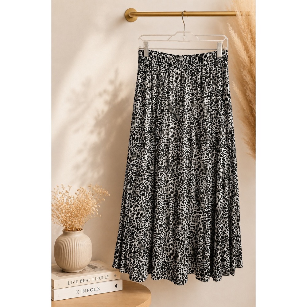 Animal Print Pleated Midi Skirt Black White Leopard Cheetah Flowy Lined M